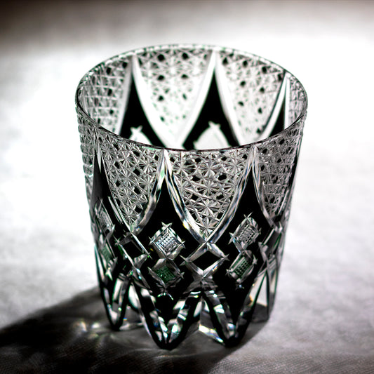Moss Green/Black Crystal Diamond Cut Whiskey Tumbler 12oz