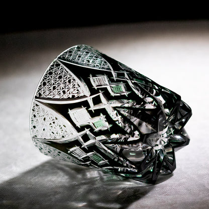 Bottom view of Moss Green/Black Crystal Diamond Cut Whiskey Tumbler - JINZHI GLASS crystal glassware