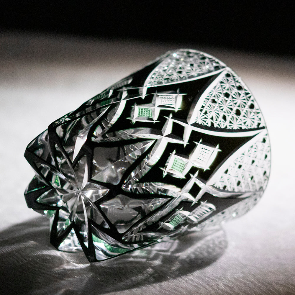 Top view of Moss Green/Black Crystal Diamond Cut Whiskey Tumbler - JINZHI GLASS crystal glassware