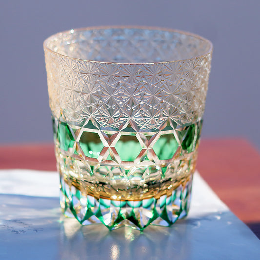 JP-107 32 cl Japanese Style Green Colored Whiskey Glass Tumbler Edo Kiriko's Garlands of hexagons And Chrysanthemum Mesh