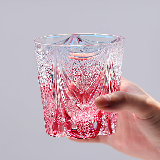 JP-115 New Luxury Hand Cut To Clear And Gold Pink Crystal Glass Old fashioned Whisky Tumbler 320 ml Edo Kiriko's Hand Cutting Sail And Chrysanthemum Mesh Pattern