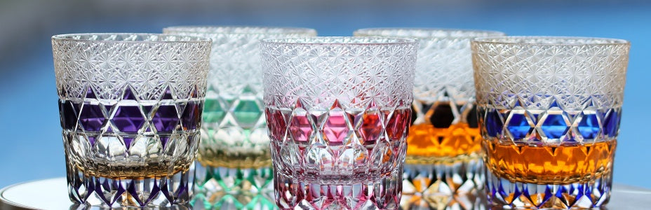 JP-107 32 cl Handmade Blue Colored Crystal Glass Whiskey Tumbler Edo Kiriko's  Hand Cutting Garlands of hexagons And Chrysanthemum Mesh Edo Kiriko Old Fashioned Glass