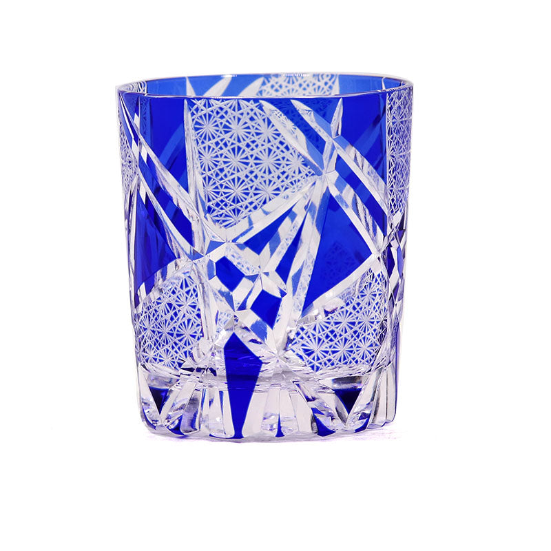 Hand Cut Lightning Whiskey Glass Tumbler Blue 9oz