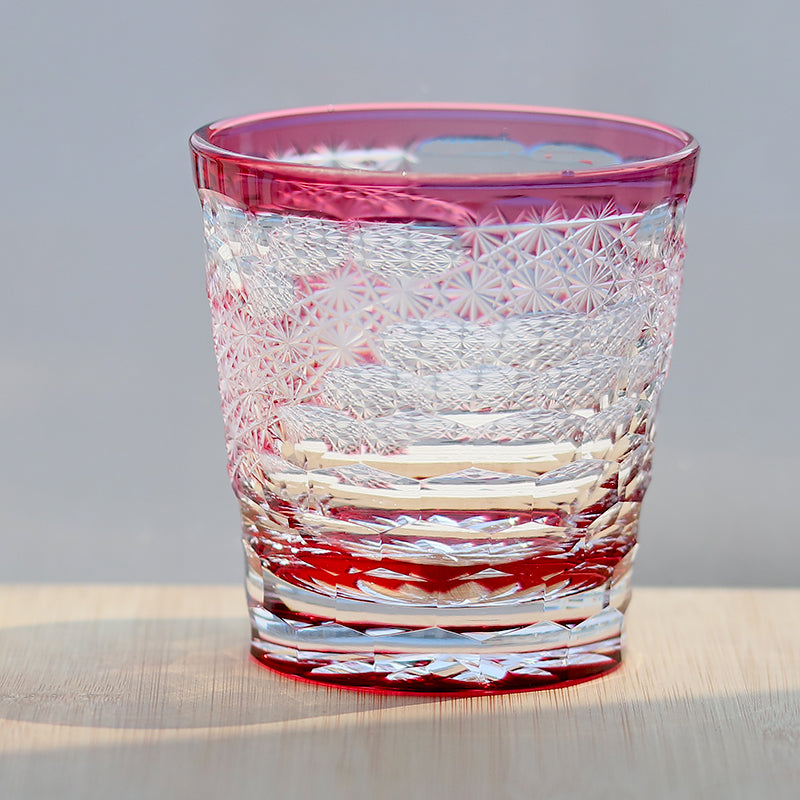 JP-131 Hand Blown Japanese Style Whiskey Old Fashioned Glass Edo Kiriko Gold Pink Rocks Cocktail Tumbler With Gift Box