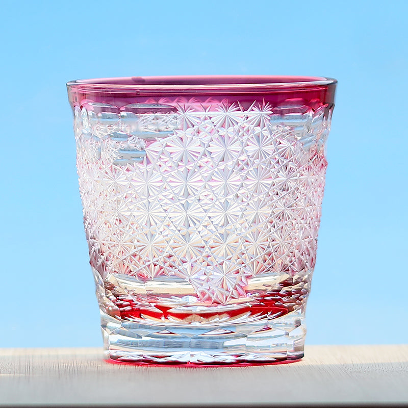 JP-131 Hand Blown Japanese Style Whiskey Old Fashioned Glass Edo Kiriko Gold Pink Rocks Cocktail Tumbler With Gift Box