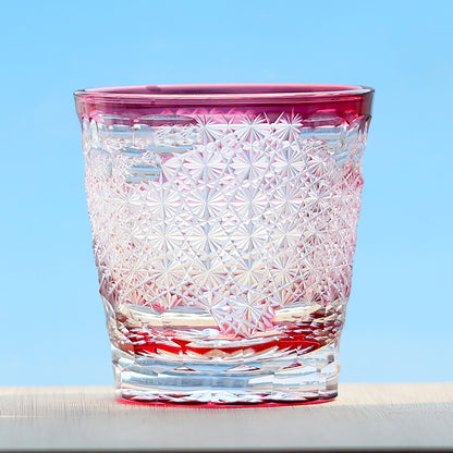 JP-131 Hand Blown Japanese Style Whiskey Old Fashioned Glass Edo Kiriko Gold Pink Rocks Cocktail Tumbler With Gift Box