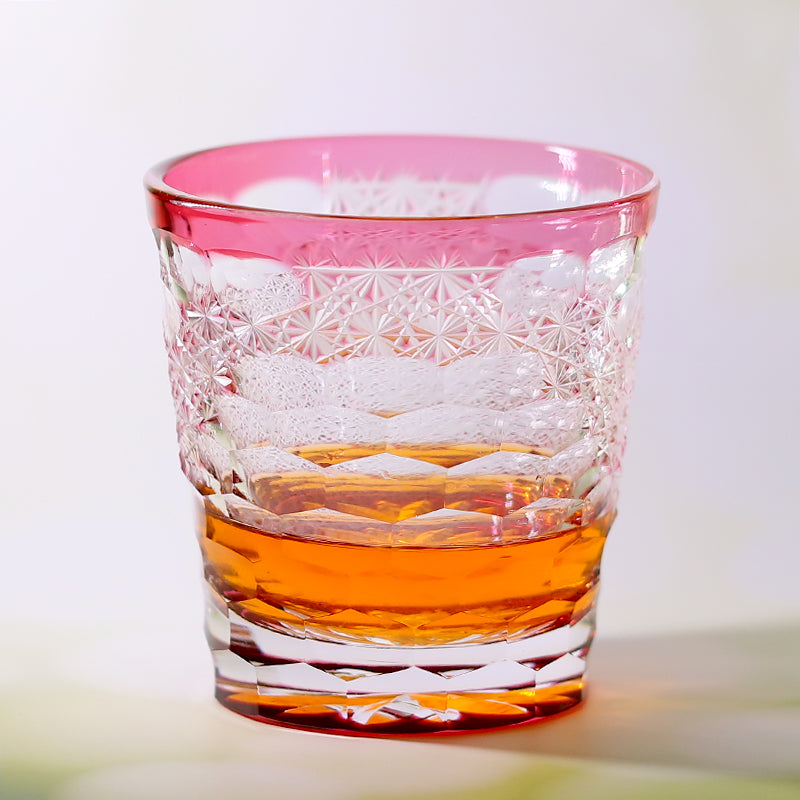 JP-131 Hand Blown Japanese Style Whiskey Old Fashioned Glass Edo Kiriko Gold Pink Rocks Cocktail Tumbler With Gift Box