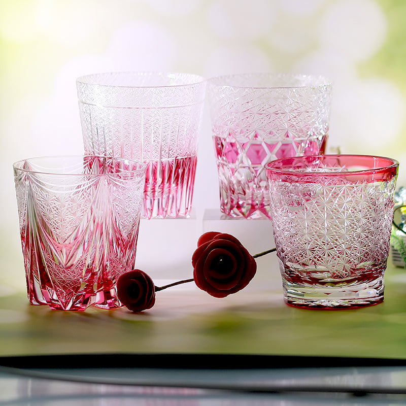 JP-131 Hand Blown Japanese Style Whiskey Old Fashioned Glass Edo Kiriko Gold Pink Rocks Cocktail Tumbler With Gift Box
