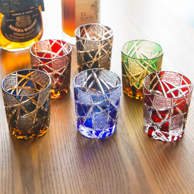 JP-042  8.5 oz Edo Kiriko Style Green Amber Glass Cocktail Whiskey Tumbler Hand Cut Lightning Streaks Pattern