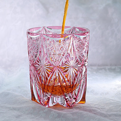 JP-121  8.5 oz Hand Cut To Clear And Pink Cased Glass Whiskey Glass Edo Kiriko Glass Tumbler For Rocks Old Fashioned Cocktail