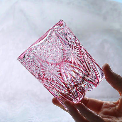 JP-121  8.5 oz Hand Cut To Clear And Pink Cased Glass Whiskey Glass Edo Kiriko Glass Tumbler For Rocks Old Fashioned Cocktail
