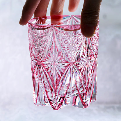 JP-121  8.5 oz Hand Cut To Clear And Pink Cased Glass Whiskey Glass Edo Kiriko Glass Tumbler For Rocks Old Fashioned Cocktail