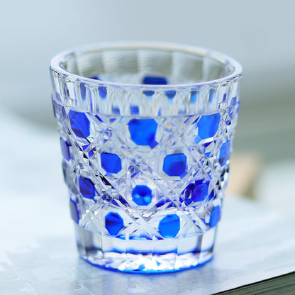 QJ-05  35ml Hand Cut To Clear Dark Blue soju shot glass for whiskey, vodka, tequila, chilled sake