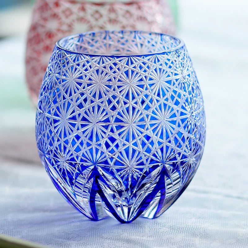 Hand-Cut Edo Kiriko Blue Starburst Whiskey Tumbler 12oz