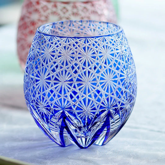 Hand-Cut Edo Kiriko Blue Starburst Whiskey Tumbler 12oz