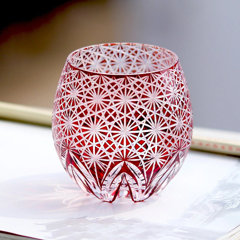 Hand-Cut Edo Kiriko Red Starburst Whiskey Tumbler 12oz