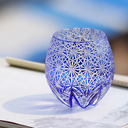 Hand-Cut Edo Kiriko Blue Starburst Whiskey Tumbler 12oz