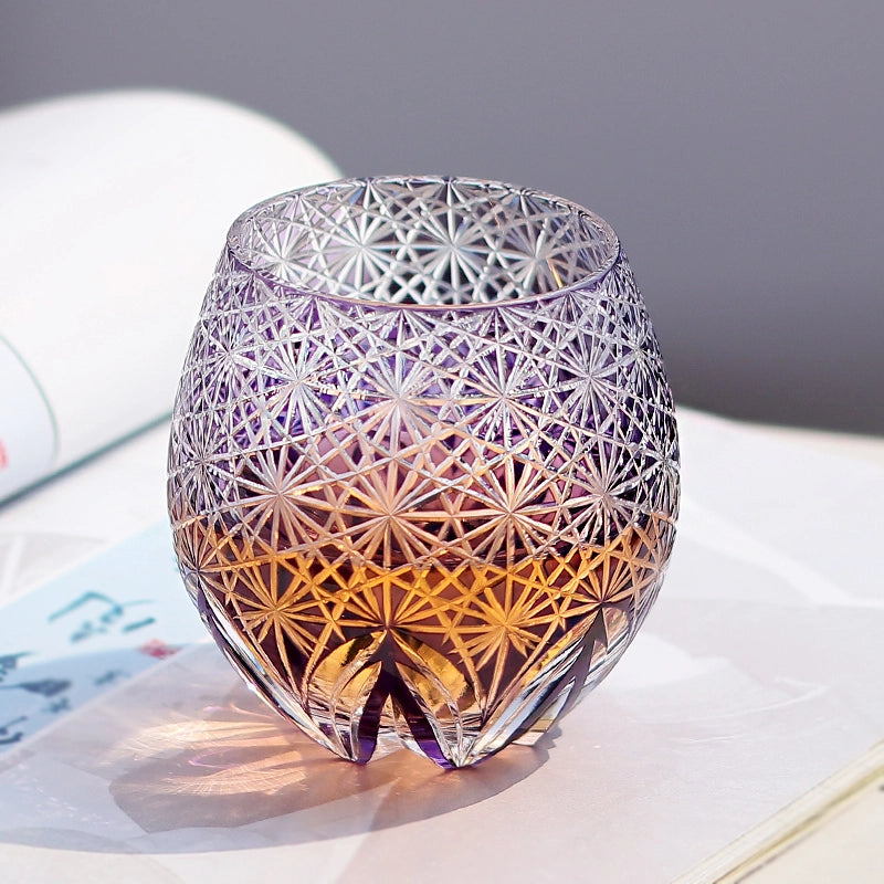Hand-Cut Edo Kiriko Purple Starburst Whiskey Tumbler 12oz