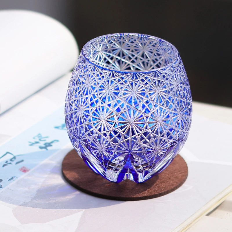 Hand-Cut Edo Kiriko Blue Starburst Whiskey Tumbler 12oz