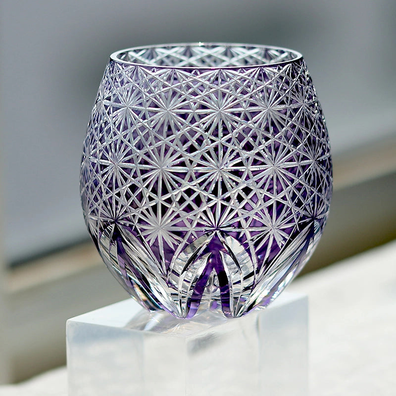 Hand-Cut Edo Kiriko Purple Starburst Whiskey Tumbler 12oz