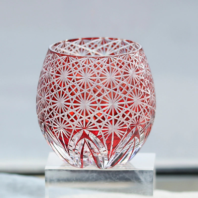 Hand-Cut Edo Kiriko Red Starburst Whiskey Tumbler 12oz