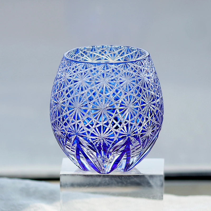 Hand-Cut Edo Kiriko Blue Starburst Whiskey Tumbler 12oz