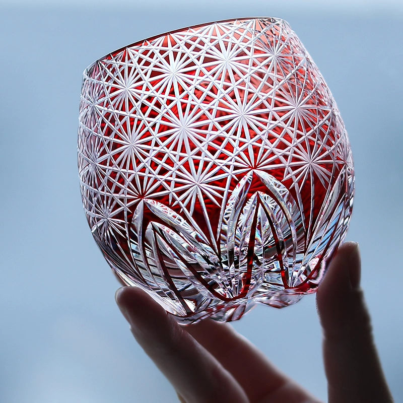 Hand-Cut Edo Kiriko Red Starburst Whiskey Tumbler 12oz