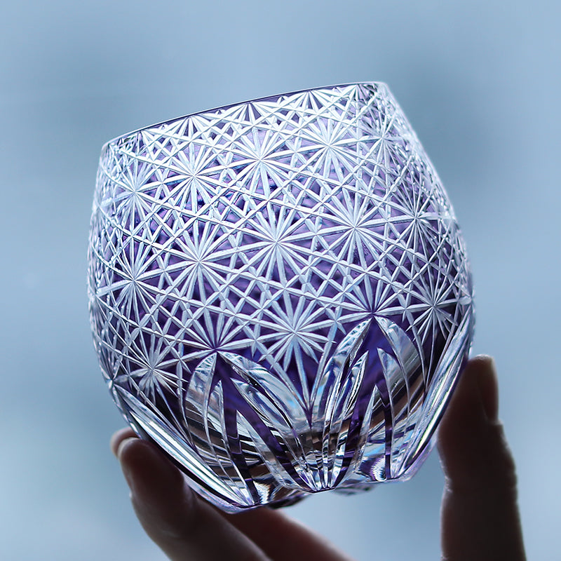 JP-102 330ml Purple Edo Kiriko Whiskey Glass Egg Shaped Cocktail Tumbler Japanese Style Hand Carved Old Fashioned Glass In Gift Box