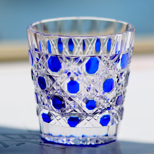 QJ-05  35ml Hand Cut To Clear Dark Blue soju shot glass for whiskey, vodka, tequila, chilled sake