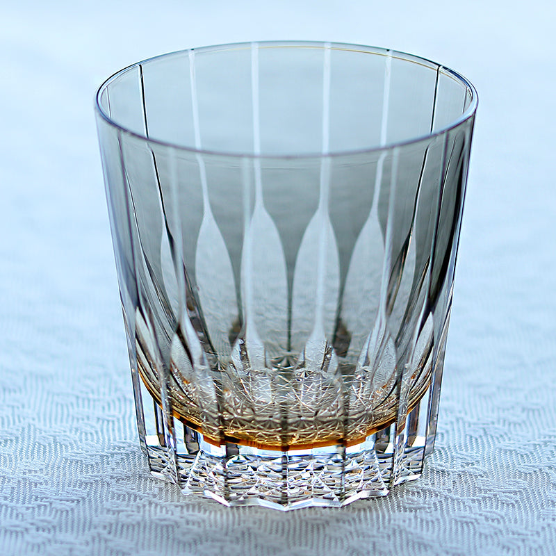 JP-050-3 New 11 oz  Handmade Edo Kiriko Grey Amber Cased Glass Whiskey Old Fashioned Tumblers Hand engraved Asterism Patterns