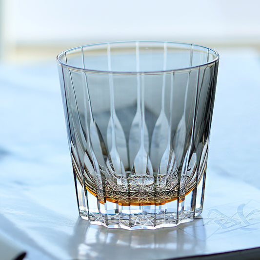 JP-050-3 New 11 oz  Handmade Edo Kiriko Grey Amber Cased Glass Whiskey Old Fashioned Tumblers Hand engraved Asterism Patterns