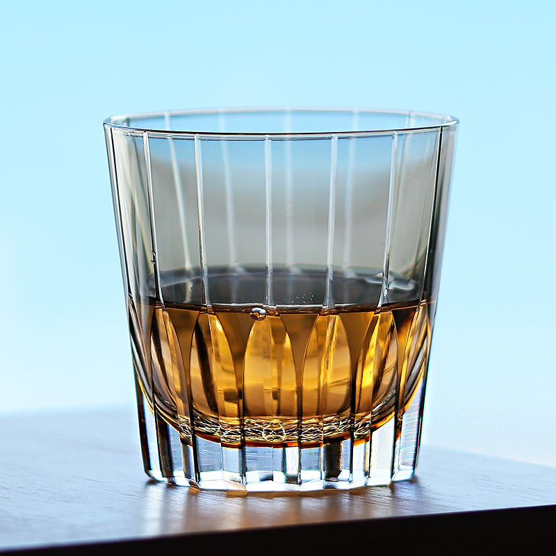 JP-050-3 New 11 oz  Handmade Edo Kiriko Grey Amber Cased Glass Whiskey Old Fashioned Tumblers Hand engraved Asterism Patterns