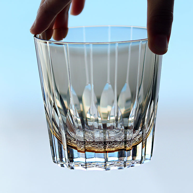 JP-050-3 New 11 oz  Handmade Edo Kiriko Grey Amber Cased Glass Whiskey Old Fashioned Tumblers Hand engraved Asterism Patterns
