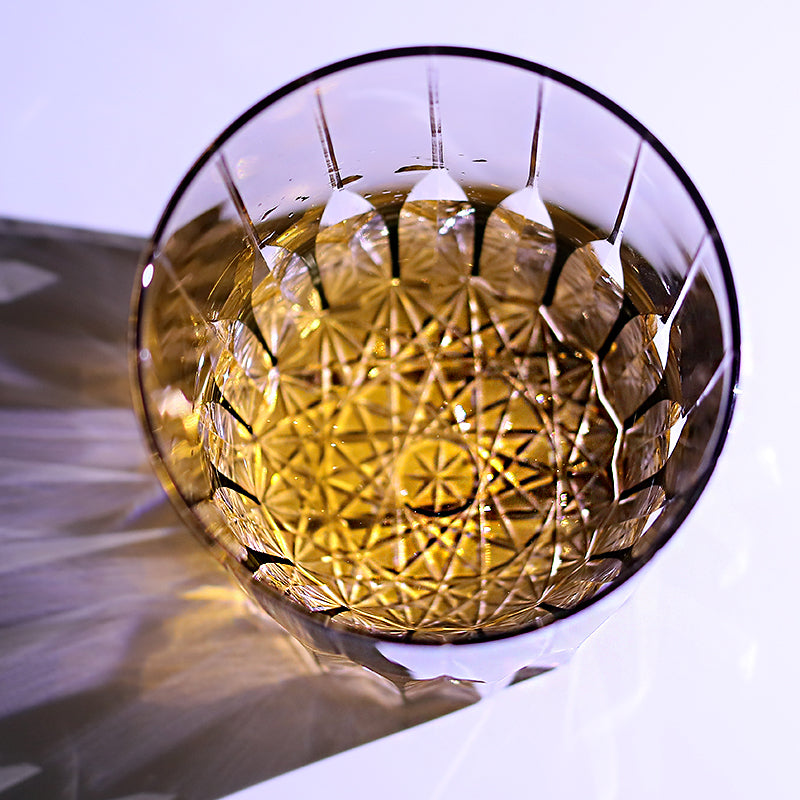 JP-050-3 New 11 oz  Handmade Edo Kiriko Grey Amber Cased Glass Whiskey Old Fashioned Tumblers Hand engraved Asterism Patterns