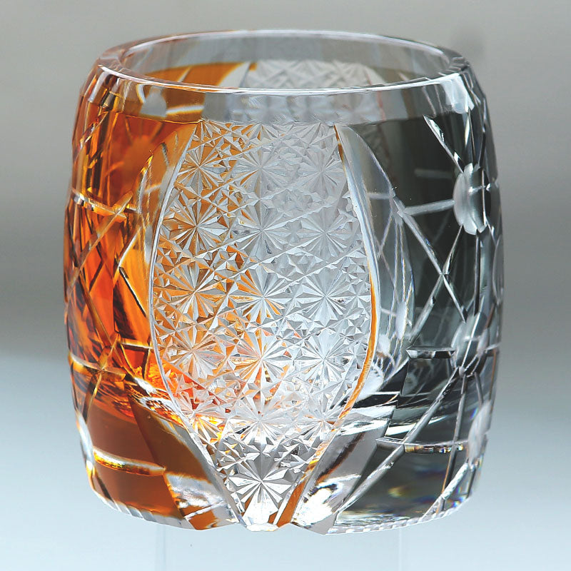 Side angle of JP-077 Gold Black Edo Kiriko Style Whiskey Glass Tumblers Adorned With Hand Carved Chrysanthemum Mesh and Balls - JINZHI GLASS crystal glassware