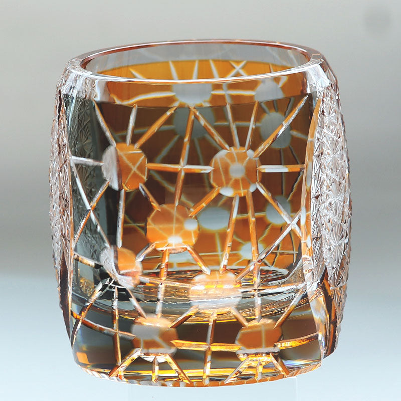 Bottom view of JP-077 Gold Black Edo Kiriko Style Whiskey Glass Tumblers Adorned With Hand Carved Chrysanthemum Mesh and Balls - JINZHI GLASS crystal glassware
