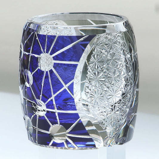 JP-077 Blue Black Edo Kiriko Style Whiskey Glass Tumblers Adorned With Hand Carved Chrysanthemum Mesh and Balls
