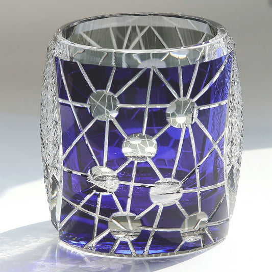 JP-077 Blue Black Edo Kiriko Style Whiskey Glass Tumblers Adorned With Hand Carved Chrysanthemum Mesh and Balls
