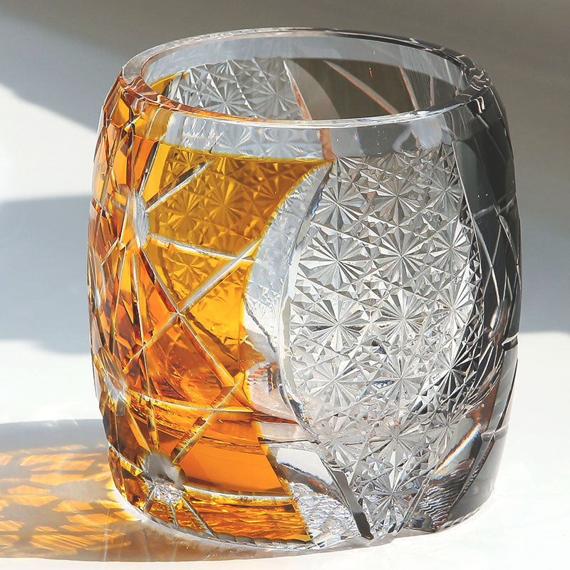 Primary image of JP-077 Gold Black Edo Kiriko Style Whiskey Glass Tumblers Adorned With Hand Carved Chrysanthemum Mesh and Balls - hand-cut crystal glassware