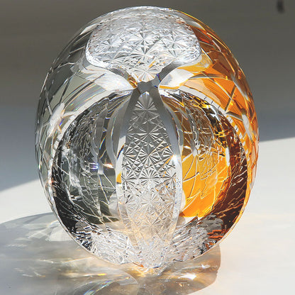 Close-up of JP-077 Gold Black Edo Kiriko Style Whiskey Glass Tumblers Adorned With Hand Carved Chrysanthemum Mesh and Balls - JINZHI GLASS crystal glassware