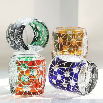 JP-077 Green Red Edo Kiriko Style Whiskey Glass Tumblers Adorned With Hand Carved Chrysanthemum Mesh and Balls