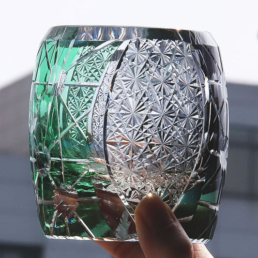 JP-077 Green Black Edo Kiriko Style Whiskey Glass Tumblers Adorned With Hand Carved Chrysanthemum Mesh and Balls