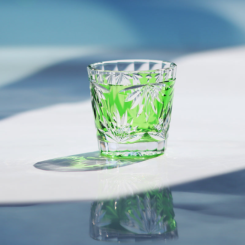 QJ-06-2  35ml Hand Cut Bamboo Design Sake Glass Green Edo Kiriko soju shot glass for whiskey, vodka, tequila, chilled sake