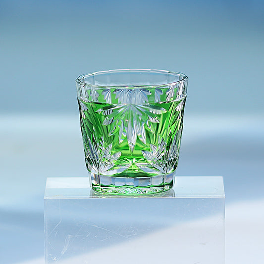 QJ-06-2  35ml Hand Cut Bamboo Design Sake Glass Green Edo Kiriko soju shot glass for whiskey, vodka, tequila, chilled sake