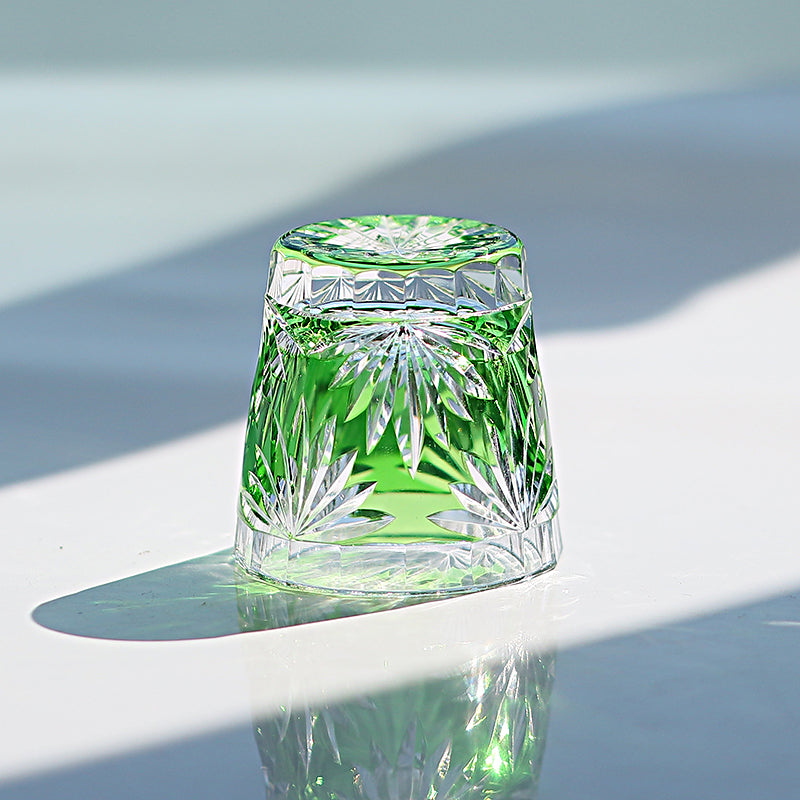 QJ-06-2  35ml Hand Cut Bamboo Design Sake Glass Green Edo Kiriko soju shot glass for whiskey, vodka, tequila, chilled sake