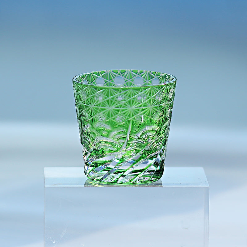 QJ-06-1  35ml Hand Cut To Clear Green soju shot glass Carved Wave Design Min Glasses for whiskey, vodka, tequila, chilled sake