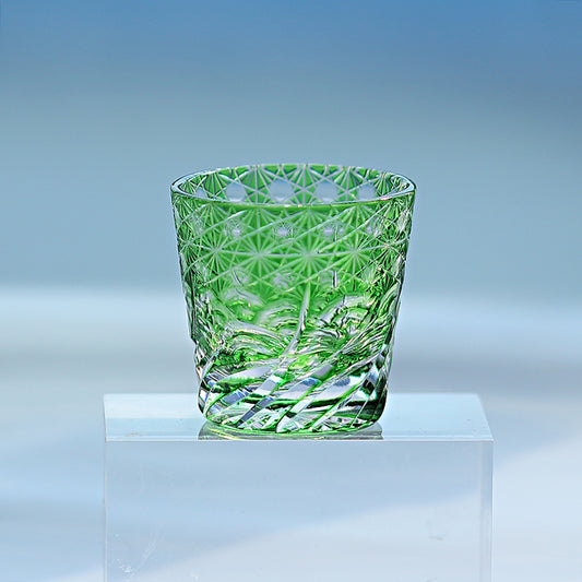QJ-06-1  35ml Hand Cut To Clear Green soju shot glass Carved Wave Design Min Glasses for whiskey, vodka, tequila, chilled sake