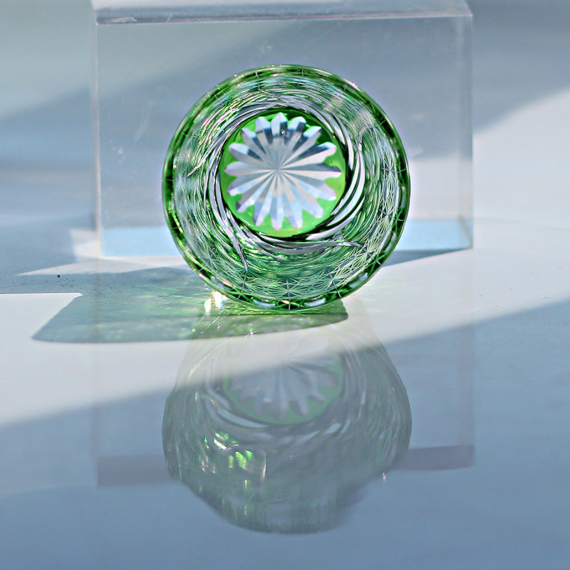 QJ-06-1  35ml Hand Cut To Clear Green soju shot glass Carved Wave Design Min Glasses for whiskey, vodka, tequila, chilled sake
