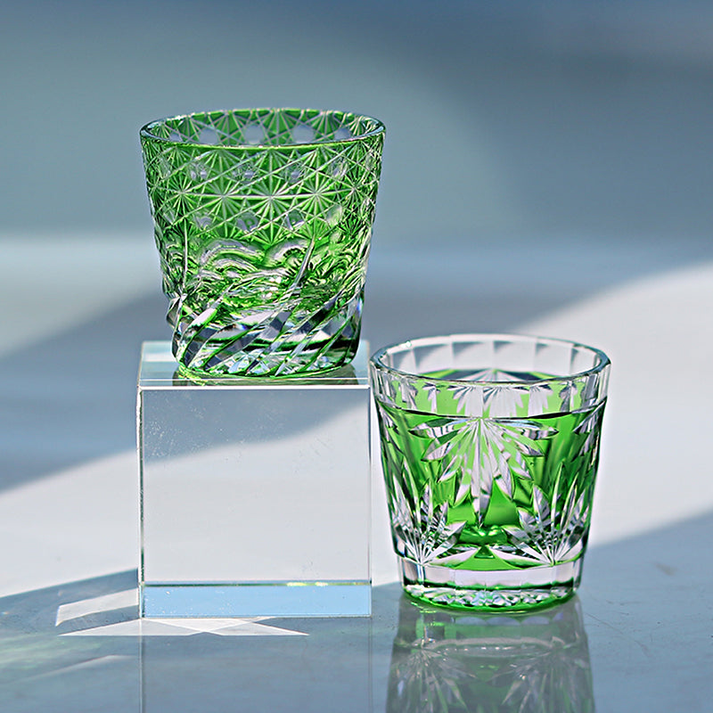 QJ-06-1  35ml Hand Cut To Clear Green soju shot glass Carved Wave Design Min Glasses for whiskey, vodka, tequila, chilled sake