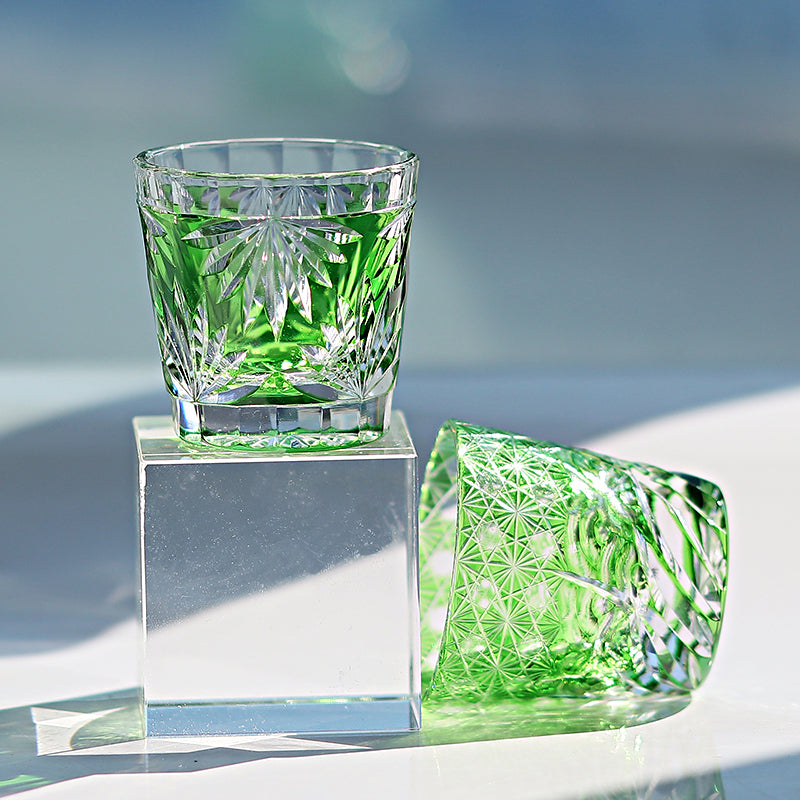QJ-06-2  35ml Hand Cut Bamboo Design Sake Glass Green Edo Kiriko soju shot glass for whiskey, vodka, tequila, chilled sake